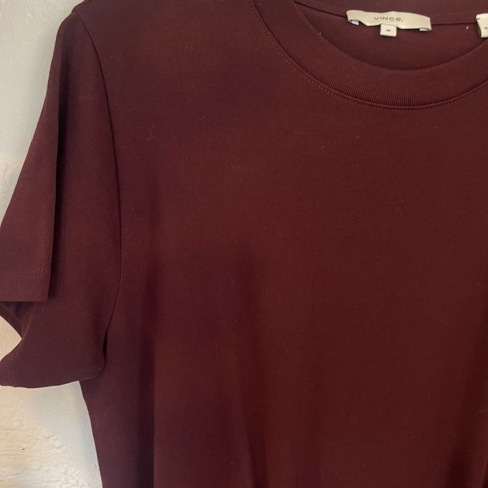 VINCE Tie Waist Short Sleeve Cotton Dress In Oxblood - Picture 4 of 7